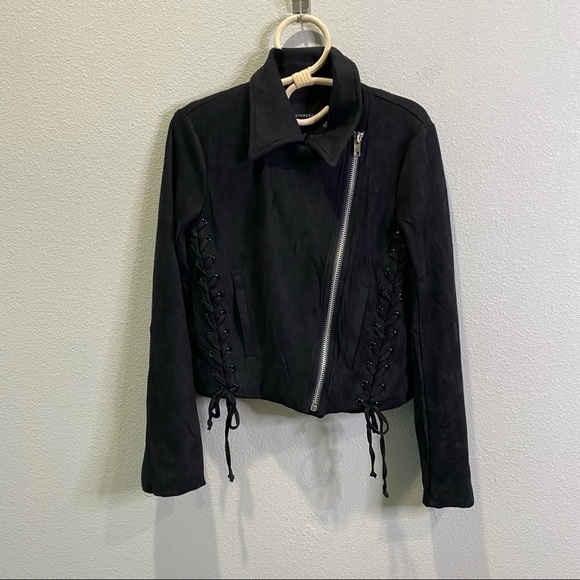Olivaceous MOTO Jacket in True Black Biker Crop Faux Suede Lace Up Tie Zipper - Picture 3 of 16